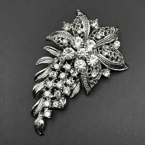 Silver with White Diamond Crystal Bridal Style Flower Spray Pin Back Brooch